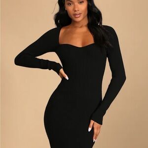 LULU’s Ribbed Elegant Black Long Sleeve Sweater Party Dress Sweetheart Neckline